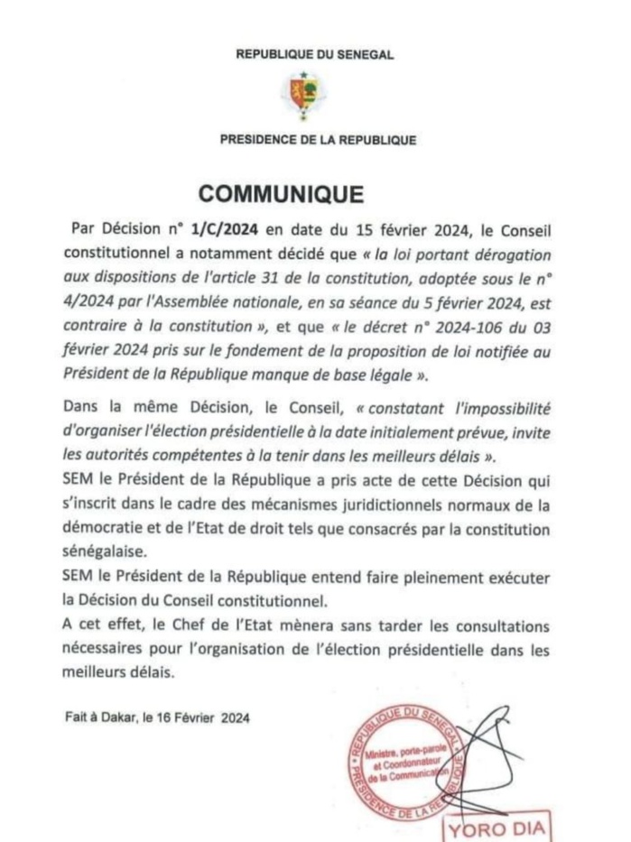 Décision du CC: Macky Sall compte exécuter la décision...et organiser l'élection dans les meilleurs délais Décision du CC: Macky Sall compte exécuter la décision...et organiser l'élection dans les meilleurs délais