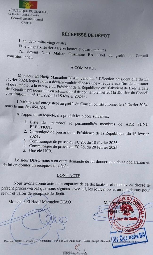 Conseil Constitutionnel: Le candidat Mame Boye Diao a déposé la requête pour la fixation de la date de l'élection présidentielle