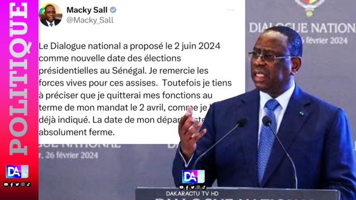 Macky Sall sur l'élection Présidentielle: « Le dialogue national a proposé la date du 02 juin 2024 » Macky Sall sur l'élection Présidentielle: « Le dialogue national a proposé la date du 02 juin 2024 »