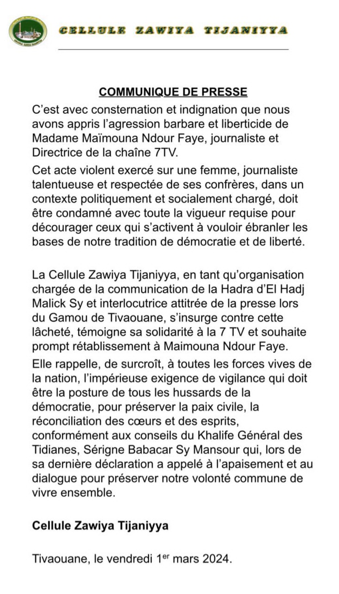 Agression de Maïmouna Ndour Faye: La Cellule Zawiya Tijaniyya condamne et appelle à la vigilance Agression de Maïmouna Ndour Faye: La Cellule Zawiya Tijaniyya condamne et appelle à la vigilance