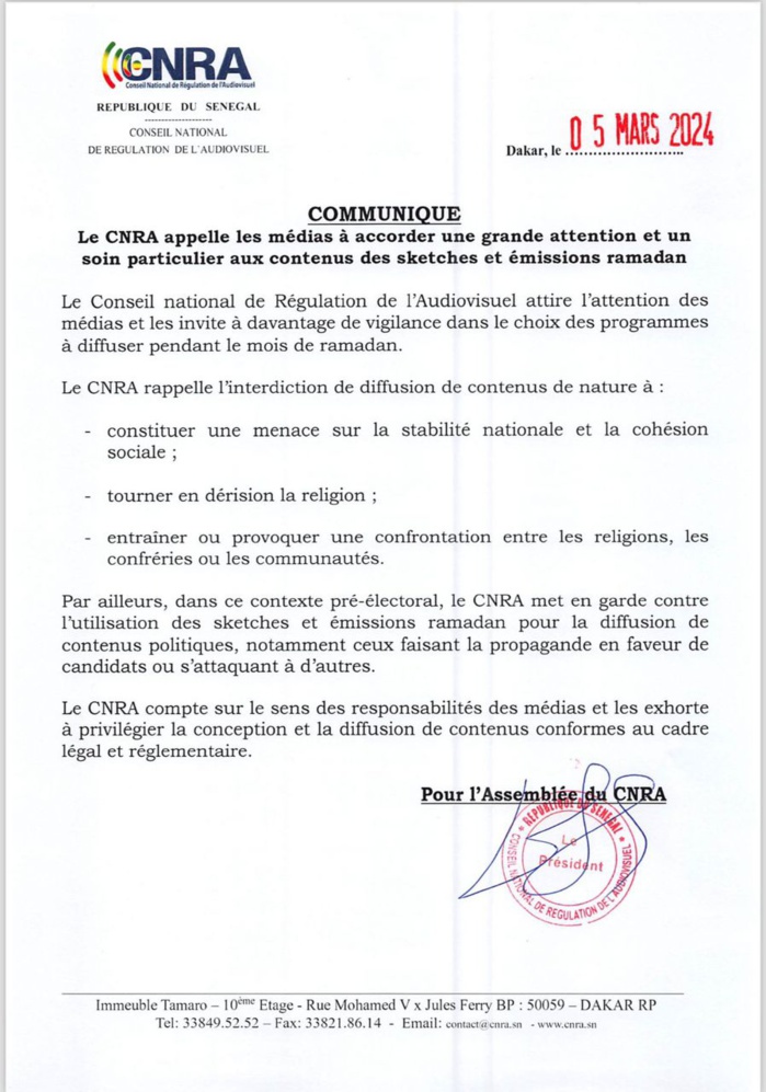 Présidentielle-Ramadan 2024: Les mises en garde du CNRA aux médias Présidentielle-Ramadan 2024: Les mises en garde du CNRA aux médias