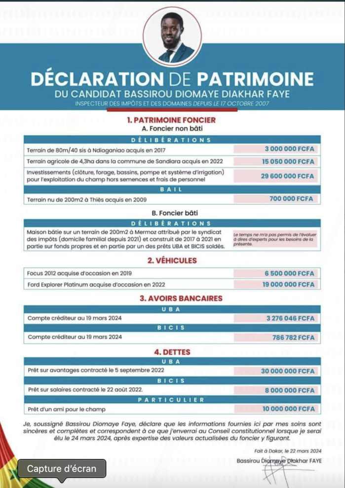 Présidentielle 2024 : Voici la déclaration de patrimoine de Bassirou Diomaye Faye Présidentielle 2024 : Voici la déclaration de patrimoine de Bassirou Diomaye Faye