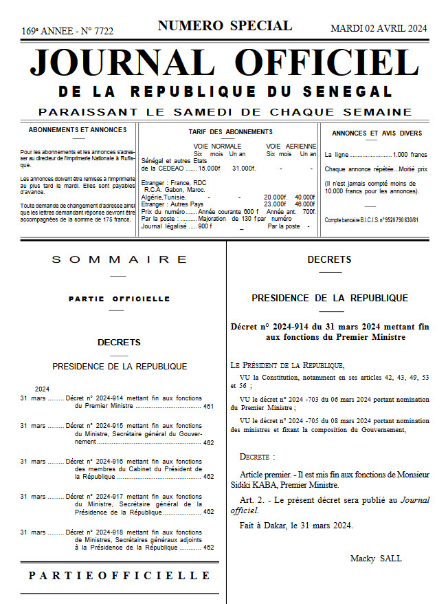 Fin de règne: Macky met fin par décrets aux fonctions du Pm, des membres de son Cabinet, du secrétaire Général du Gouvernement Seydou Guèye