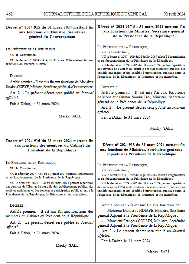 Fin de règne: Macky met fin par décrets aux fonctions du Pm, des membres de son Cabinet, du secrétaire Général du Gouvernement Seydou Guèye Fin de règne: Macky met fin par décrets aux fonctions du Pm, des membres de son Cabinet, du secrétaire Général du Gouvernement Seydou Guèye