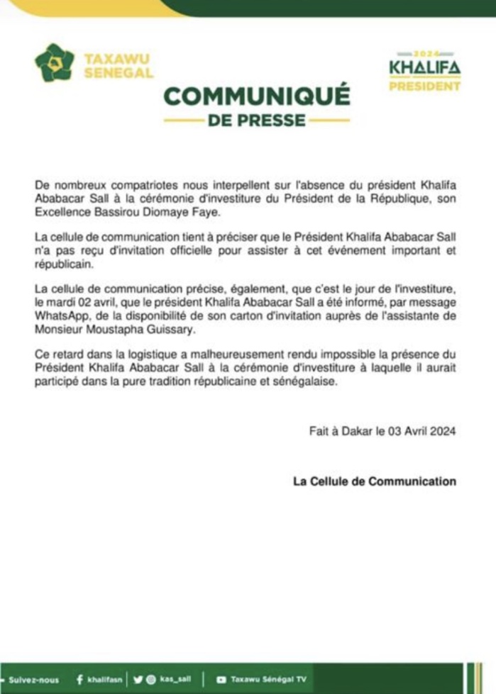 Investiture du PR Diomaye Faye : Khalifa Sall absent pour cause de lenteur dans la livraison de son invitation Investiture du PR Diomaye Faye : Khalifa Sall absent pour cause de lenteur dans la livraison de son invitation