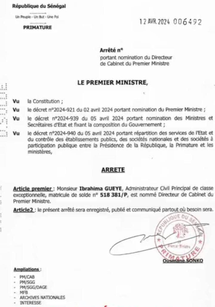 Primature: Le PM Ousmane Sonko a nommé son Dircab... Primature: Le PM Ousmane Sonko a nommé son Dircab...