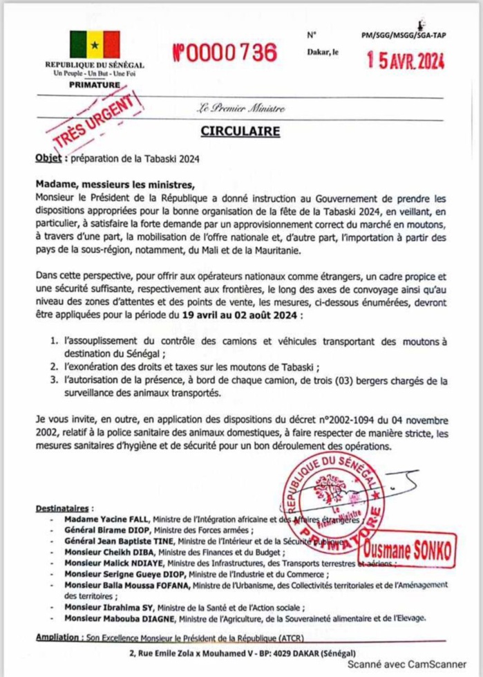 Tabaski 2024 : Le PM Ousmane Sonko assouplisse les restrictions pour un bon approvisionnement en moutons