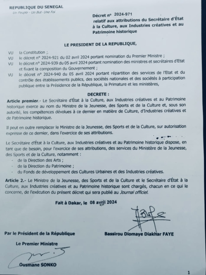 Secrétaire d’Etat à la culture: le chef de l’Etat a signé le décret de ses attributions.