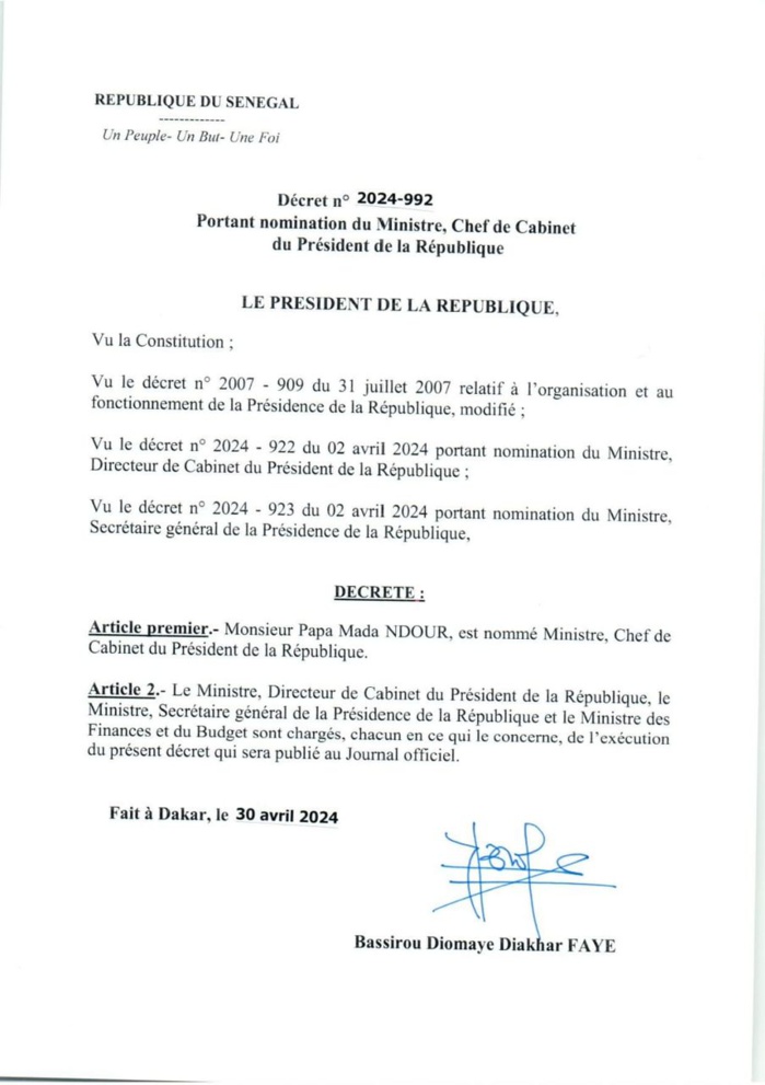 Pape Mada Ndour nommé ministre, Chef de cabinet du Président de la République Pape Mada Ndour nommé ministre, Chef de cabinet du Président de la République