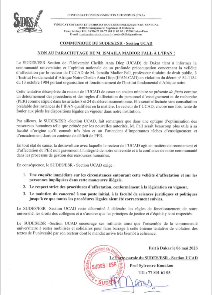 UCAD : Le SUDES/ESR s’insurge contre l’affectation du Pr Ismaïla Madior Fall à l’IFAN