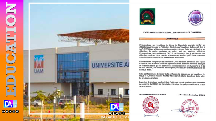 Ponction de salaire des agents du Crous de l'Université de Diamniadio : les précisions de l'intersyndicale Ponction de salaire des agents du Crous de l'Université de Diamniadio : les précisions de l'intersyndicale