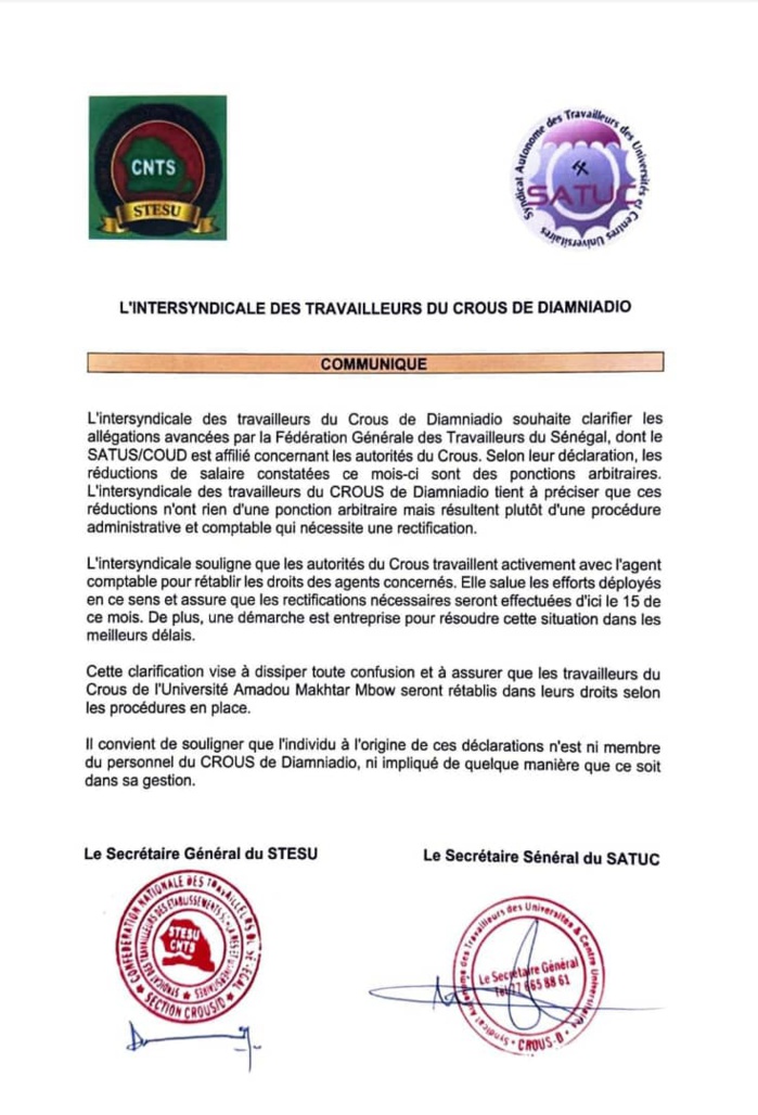 Ponction de salaire des agents du Crous de l'Université de Diamniadio : les précisions de l'intersyndicale Ponction de salaire des agents du Crous de l'Université de Diamniadio : les précisions de l'intersyndicale