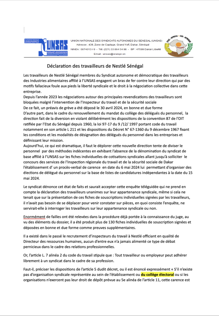 Nestlé Sénégal: Les travailleurs en croisade contre les restrictions liées à " la liberté syndicale et au droit à la négociation collective"