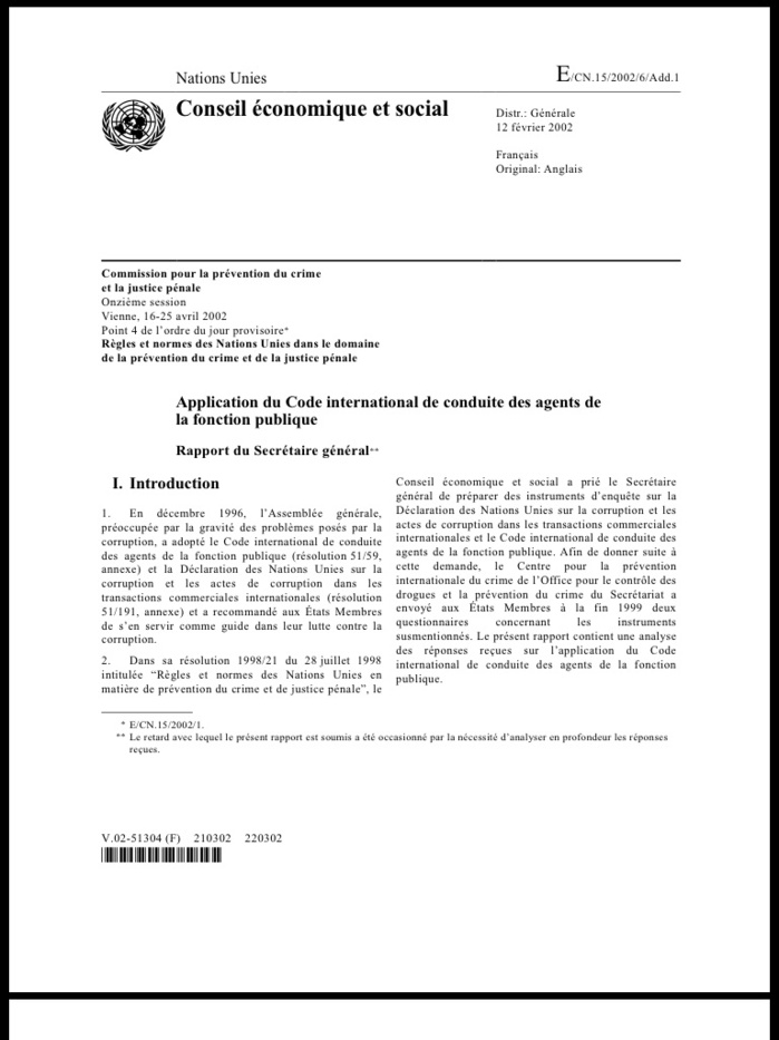 Le Code international de conduite des agents de la fonction publique et son application (DOCUMENTS) Le Code international de conduite des agents de la fonction publique et son application (DOCUMENTS)