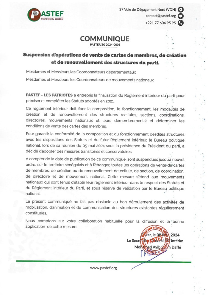 Suspension vente de cartes de membres, … : Pastef brandit la finalisation de son règlement intérieur Suspension vente de cartes de membres, … : Pastef brandit la finalisation de son règlement intérieur