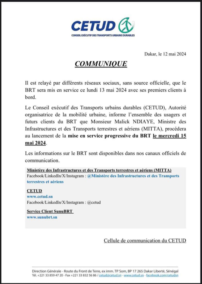 Mise en service du BRT ce lundi: Le CETUD dément et donne la bonne date Mise en service du BRT ce lundi: Le CETUD dément et donne la bonne date
