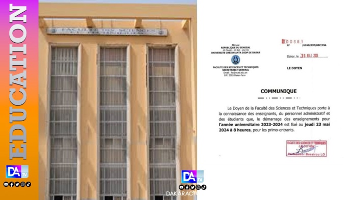 UCAD/FST : Les cours démarrent pour les primo-entrants le 23 mai 2024 UCAD/FST : Les cours démarrent pour les primo-entrants le 23 mai 2024