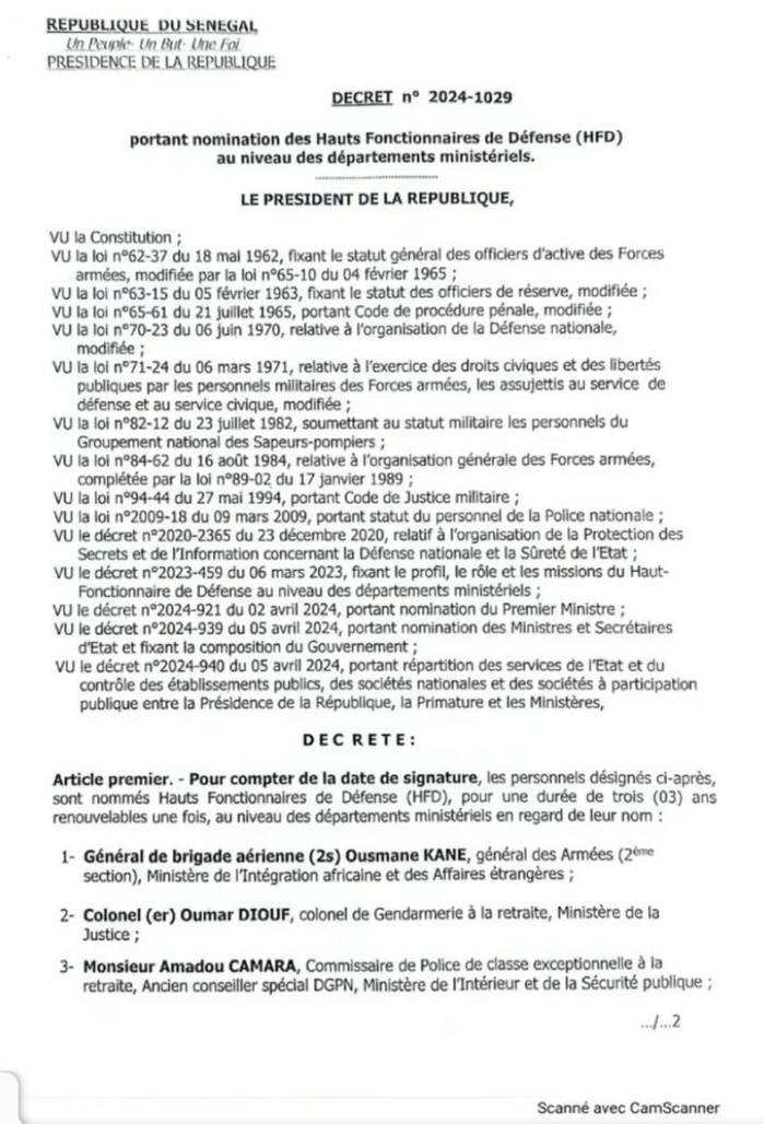 Défense : Le président Diomaye abroge le décret n°2023-2300 du 30 novembre 2023 et signe celui du n° 2024-1029 Défense : Le président Diomaye abroge le décret n°2023-2300 du 30 novembre 2023 et signe celui du n° 2024-1029