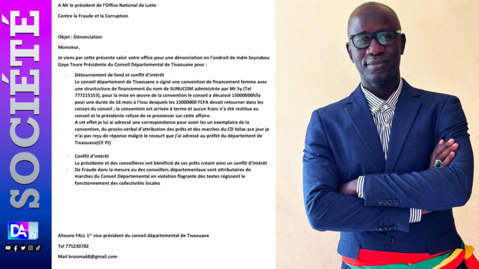 Conseil départemental de Tivaouane / Convention de financement d'un montant de 15 millions de Fcfa : le 1er vice-président Alioune Fall saisit l'Ofnac Conseil départemental de Tivaouane / Convention de financement d'un montant de 15 millions de Fcfa : le 1er vice-président Alioune Fall saisit l'Ofnac