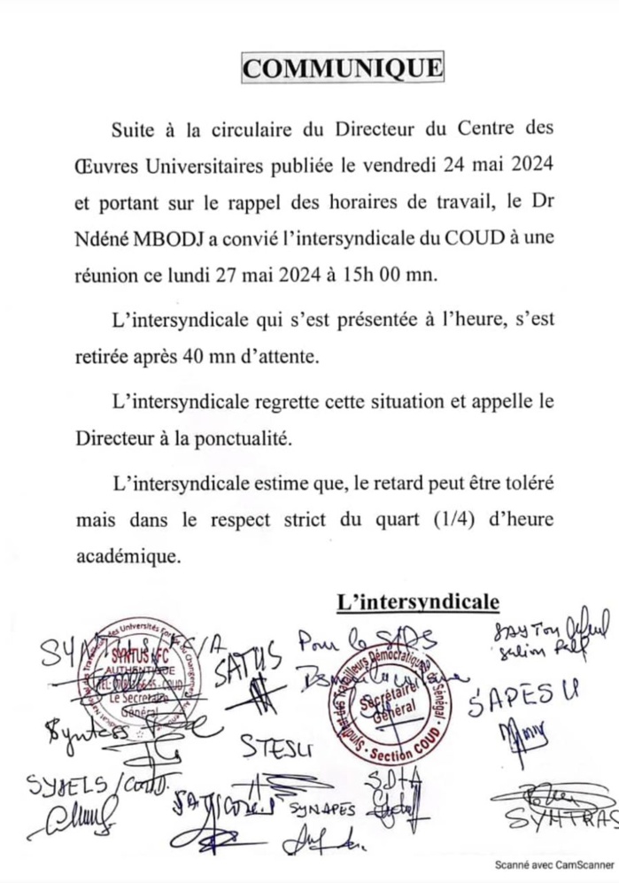 Horaire de travail au Coud: Les syndicalistes, le Dg et la ponctualité...