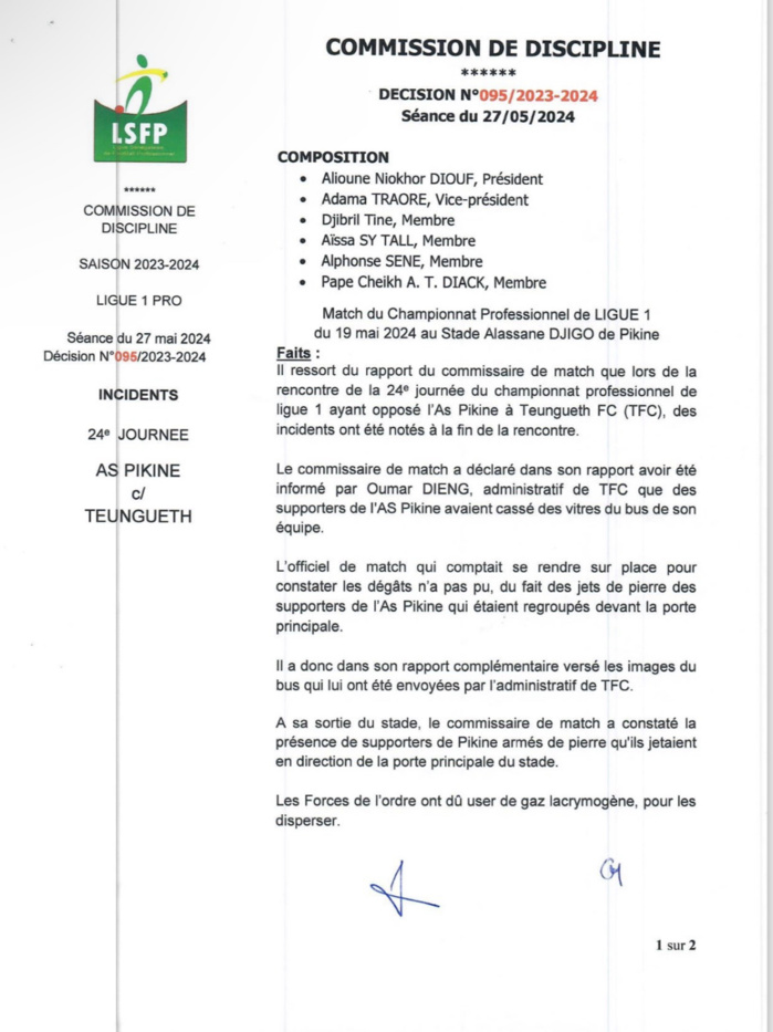 Incidents lors du match AS Pikine - Teungueth FC : La Ligue Pro sanctionne sévèrement les Pikinois Incidents lors du match AS Pikine - Teungueth FC : La Ligue Pro sanctionne sévèrement les Pikinois