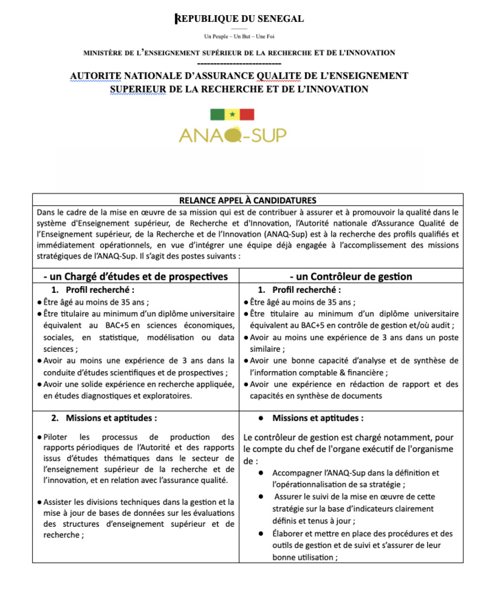 Appel à candidature ANAQ-Sup Appel à candidature ANAQ-Sup