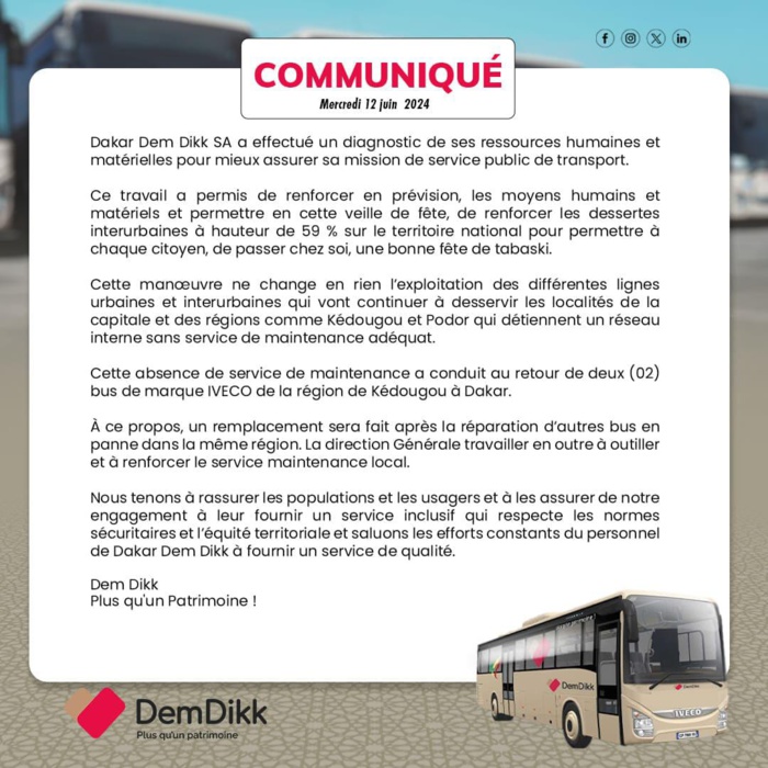 Tabaski 2024: Dakar Dem Dikk se réorganise pour mieux desservir les zones reculées Tabaski 2024: Dakar Dem Dikk se réorganise pour mieux desservir les zones reculées