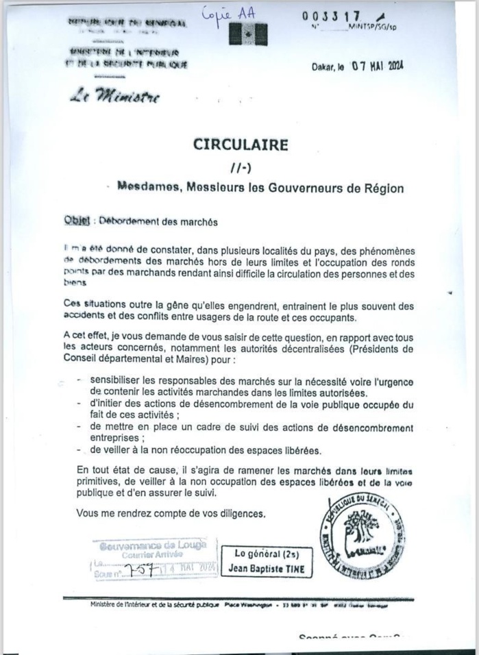 « Vague subite de désencombrements »: Le PM Ousmane Sonko ignorait-il l’existence de la circulaire du MINT du 07 mai dernier ? « Vague subite de désencombrements »: Le PM Ousmane Sonko ignorait-il l’existence de la circulaire du MINT du 07 mai dernier ?