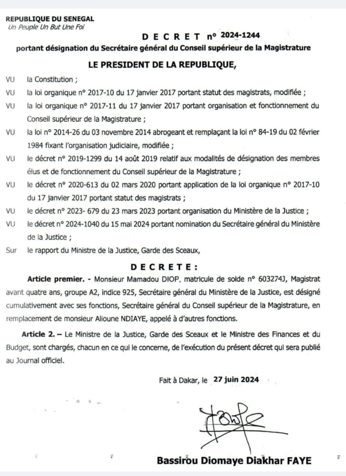 Justice: Le magistrat Mamadou Diop nommé secrétaire général du Conseil supérieur de la Magistrature Justice: Le magistrat Mamadou Diop nommé secrétaire général du Conseil supérieur de la Magistrature