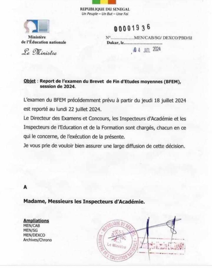 Education : le BFEM reporté jusqu’au 22 juillet prochain Education : le BFEM reporté jusqu’au 22 juillet prochain