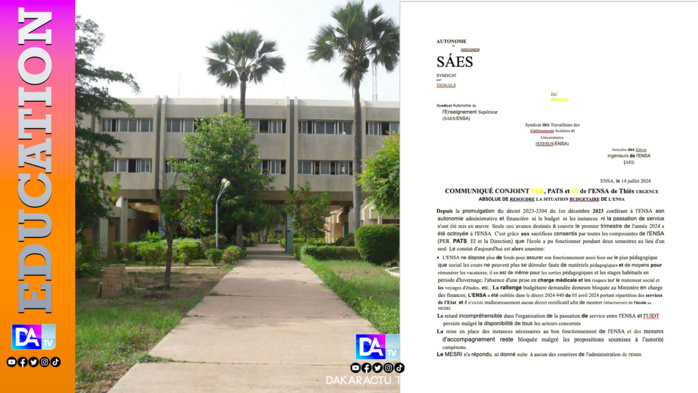 Absence de budget pour le fonctionnement de l'ENSA Thiès: l'intersyndicale décrète ce mardi un débrayage et un arrêt des activités administratives... Absence de budget pour le fonctionnement de l'ENSA Thiès: l'intersyndicale décrète ce mardi un débrayage et un arrêt des activités administratives...