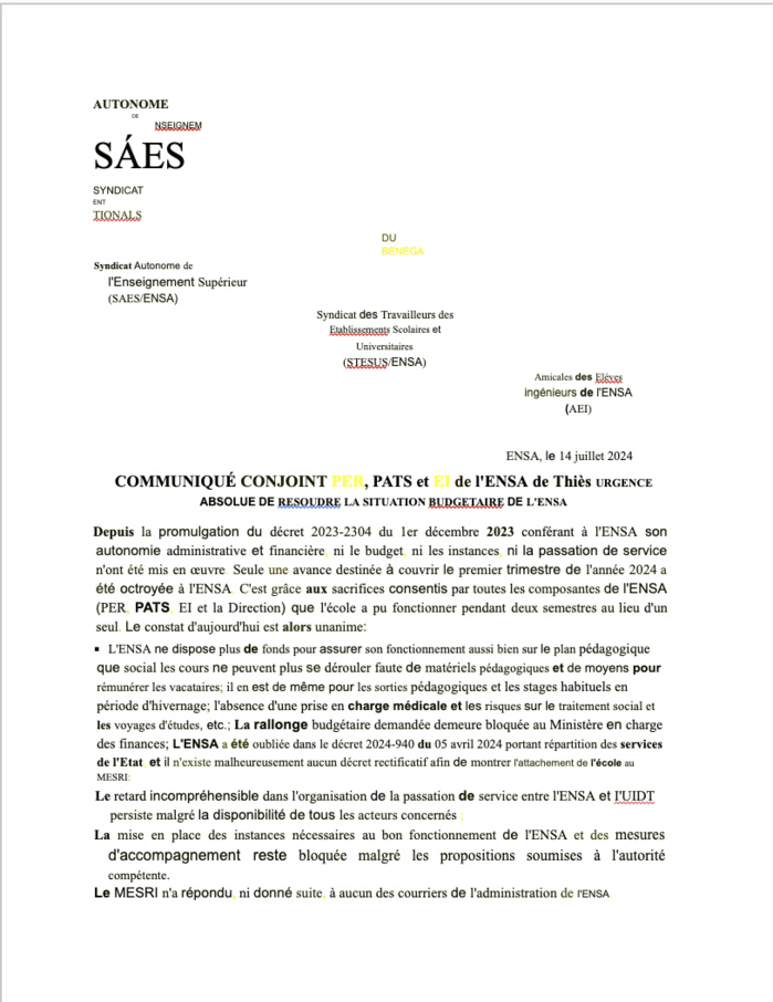 Absence de budget pour le fonctionnement de l'ENSA Thiès: l'intersyndicale décrète ce mardi un débrayage et un arrêt des activités administratives... Absence de budget pour le fonctionnement de l'ENSA Thiès: l'intersyndicale décrète ce mardi un débrayage et un arrêt des activités administratives...