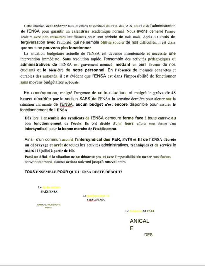 Absence de budget pour le fonctionnement de l'ENSA Thiès: l'intersyndicale décrète ce mardi un débrayage et un arrêt des activités administratives... Absence de budget pour le fonctionnement de l'ENSA Thiès: l'intersyndicale décrète ce mardi un débrayage et un arrêt des activités administratives...