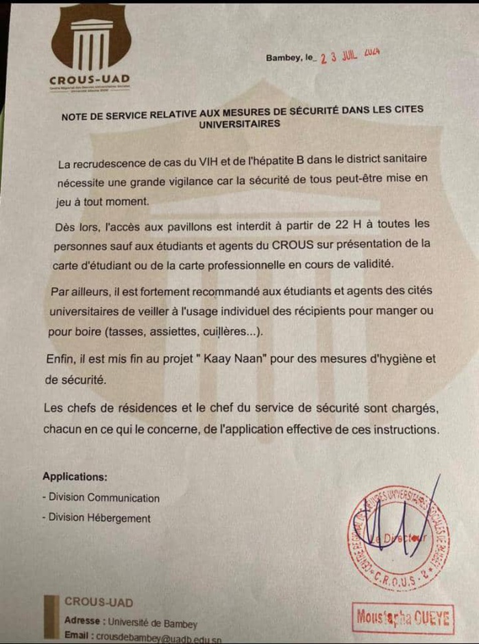 Recrudescence de cas du VIH et de l'hépatite B au District de Bambey : L'Université Alioune Diop prend des mesures strictes Recrudescence de cas du VIH et de l'hépatite B au District de Bambey : L'Université Alioune Diop prend des mesures strictes
