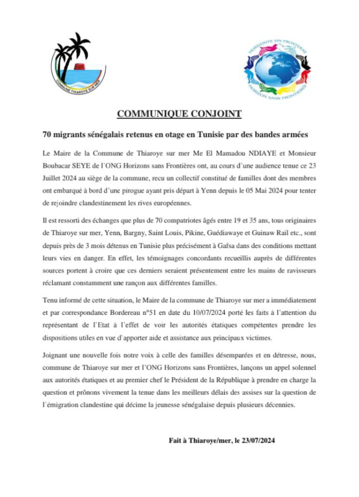 Immigration clandestine: 70 migrants sénégalais retenus en otage en Tunisie par des bandes armées Immigration clandestine: 70 migrants sénégalais retenus en otage en Tunisie par des bandes armées