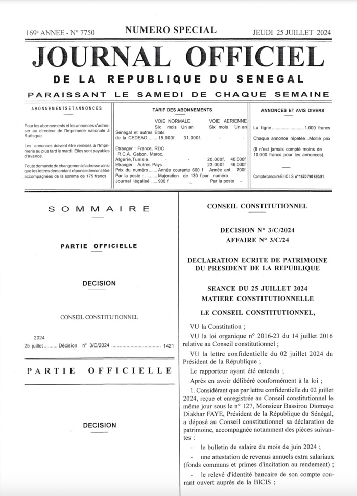 Journal Officiel: La déclaration de Patrimoine du Président BDF rendue publique Journal Officiel: La déclaration de Patrimoine du Président BDF rendue publique