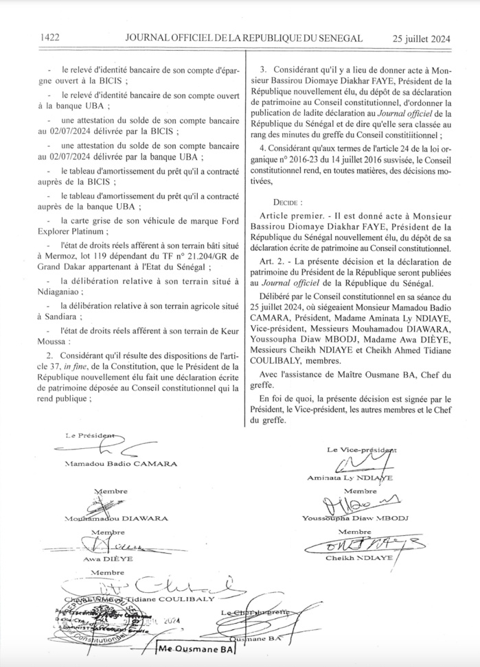 Journal Officiel: La déclaration de Patrimoine du Président BDF rendue publique Journal Officiel: La déclaration de Patrimoine du Président BDF rendue publique