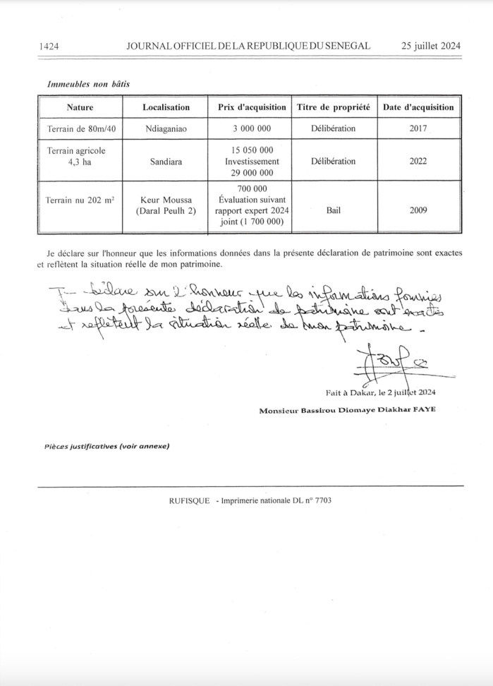Journal Officiel: La déclaration de Patrimoine du Président BDF rendue publique Journal Officiel: La déclaration de Patrimoine du Président BDF rendue publique