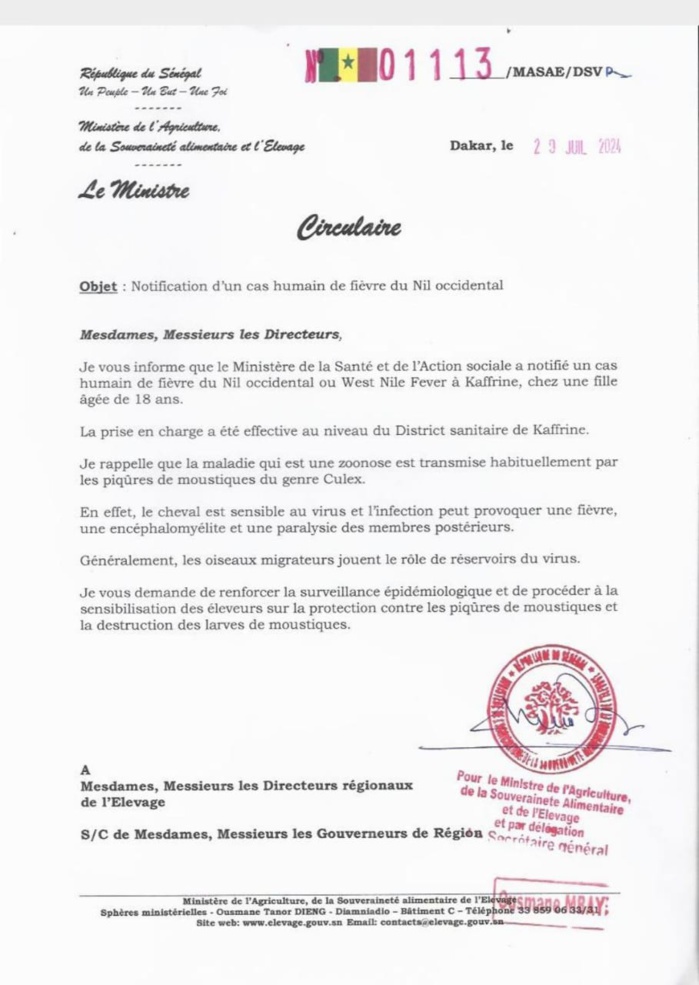 Kaffrine : Une fille âgée de 18 ans atteinte de la fièvre du nil occidental Kaffrine : Une fille âgée de 18 ans atteinte de la fièvre du nil occidental