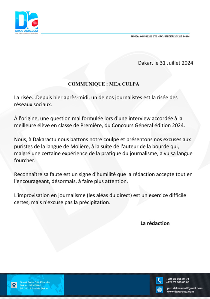 COMMUNIQUE : MEA CULPA COMMUNIQUE : MEA CULPA