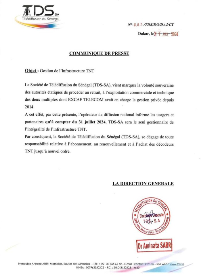 Gestion de la TNT : La TDS.Sa retire à Excaf Telecom l'exploitation commerciale Gestion de la TNT : La TDS.Sa retire à Excaf Telecom l'exploitation commerciale