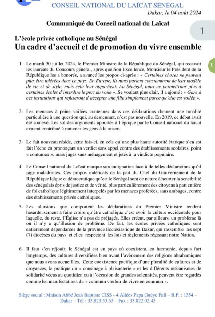 Déclarations du PM sur le port du voile: le Conseil National du Laïcat s’indigne et invite au respect du règlement intérieur des établissements privés catholiques Déclarations du PM sur le port du voile: le Conseil National du Laïcat s’indigne et invite au respect du règlement intérieur des établissements privés catholiques
