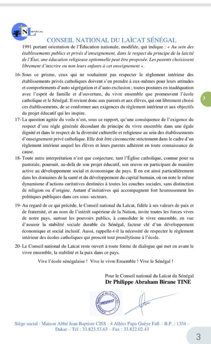Déclarations du PM sur le port du voile: le Conseil National du Laïcat s’indigne et invite au respect du règlement intérieur des établissements privés catholiques Déclarations du PM sur le port du voile: le Conseil National du Laïcat s’indigne et invite au respect du règlement intérieur des établissements privés catholiques