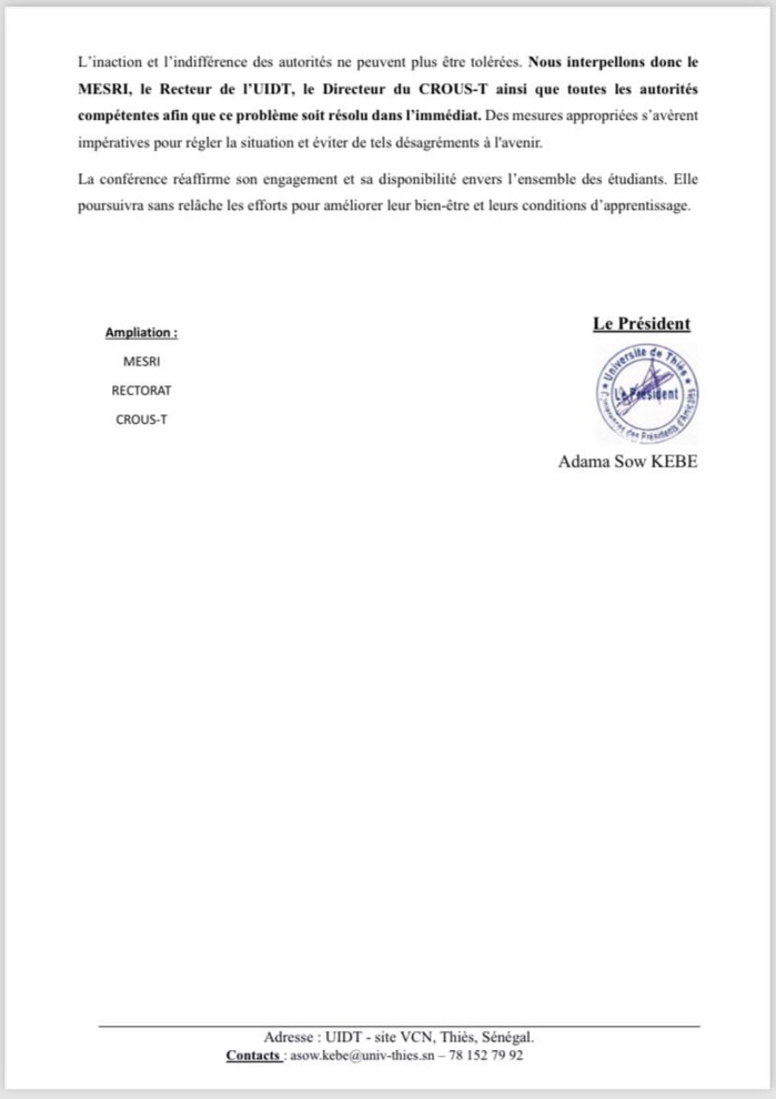UIT de Thiès / Interruption de l'approvisionnement en eau : La Conférence des amicales d'étudiants décrète des journées sans ticket et le boycott du paiement des chambres UIT de Thiès / Interruption de l'approvisionnement en eau : La Conférence des amicales d'étudiants décrète des journées sans ticket et le boycott du paiement des chambres