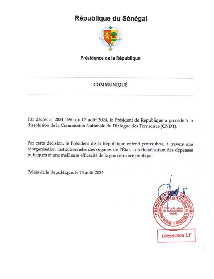 La Commission Nationale du Dialogue des Territoires (CNDT) dissoute!