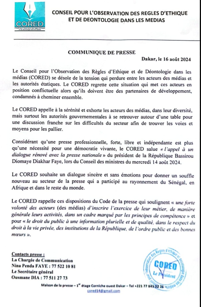 Crise des médias : le CORED appelle les deux parties (Presse-Etat) à un « dialogue sincère » Crise des médias : le CORED appelle les deux parties (Presse-Etat) à un « dialogue sincère »
