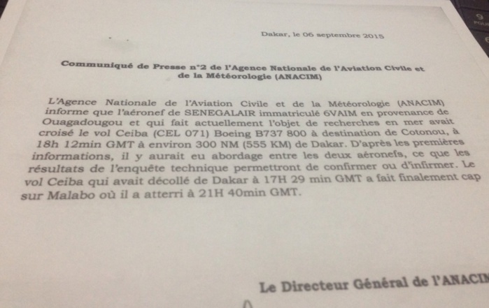 "L'avion SENEGAL AIR  a croisé un vol de la compagnie CEIBA" (ANACIM)