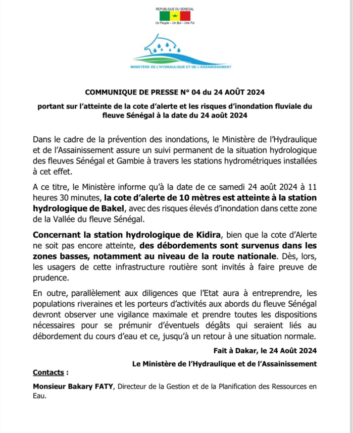 Débordement du fleuve à Kidira : Le ministère de l’Hydraulique et de l’Assainissement appelle à la vigilance maximale Débordement du fleuve à Kidira : Le ministère de l’Hydraulique et de l’Assainissement appelle à la vigilance maximale
