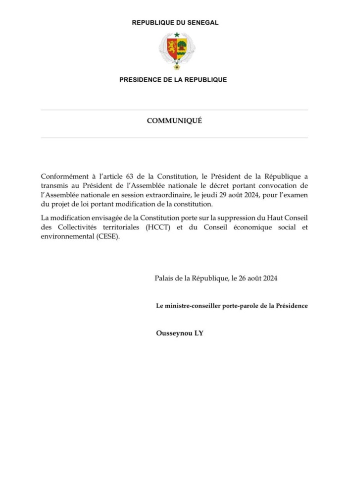 Suppression du CESE et du HCCT : Le PR saisit l’assemblée nationale pour un projet de loi portant modification de la constitution Suppression du CESE et du HCCT : Le PR saisit l’assemblée nationale pour un projet de loi portant modification de la constitution