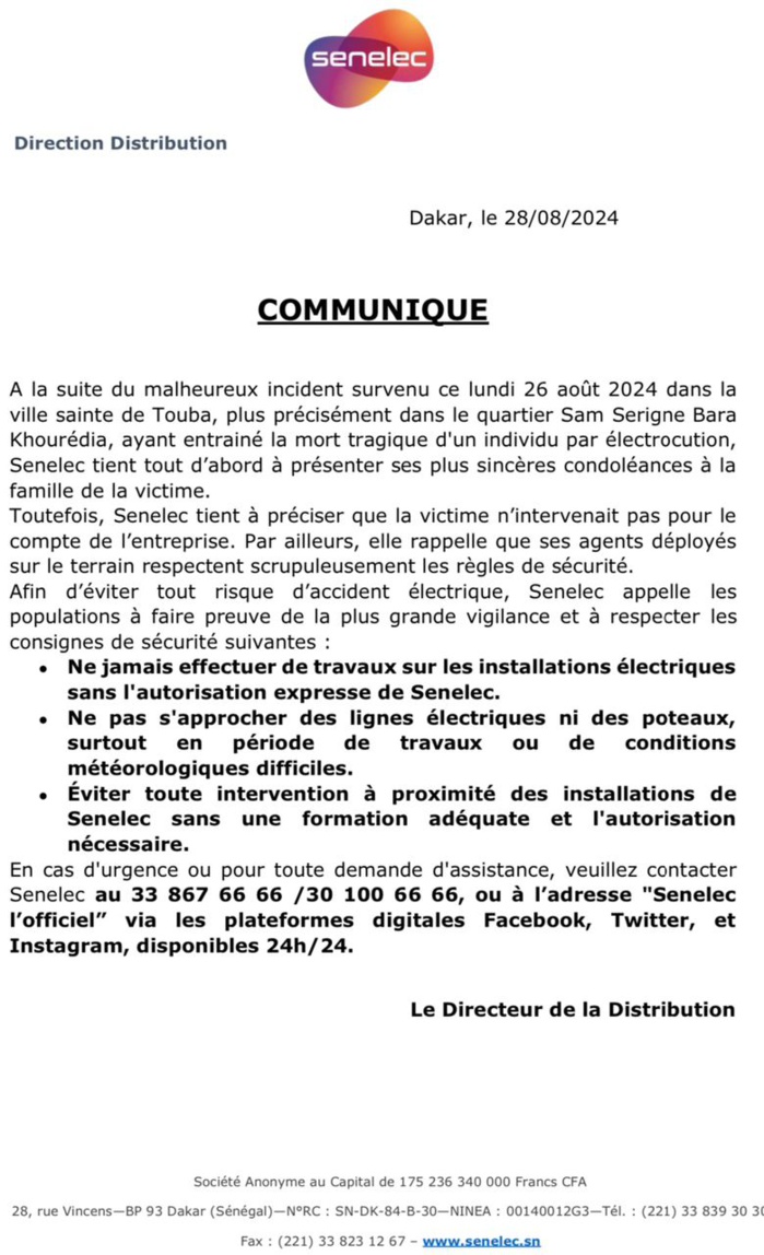Agent décédé par électrocution : La SENELEC apporte des précisions Agent décédé par électrocution : La SENELEC apporte des précisions